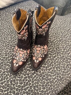 Old Gringo Dark Brown Leather Ankle Boots with Pink Floral Embroidery